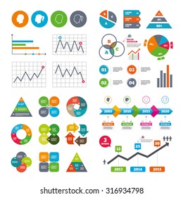 Business data pie charts graphs. Head icons. Male and female human symbols. Woman with pigtail signs. Market report presentation. Vector