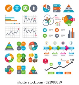 Business data pie charts graphs. Safe sex love icons. Condom in package symbol. Fertilization or insemination. Heart sign. Market report presentation. Vector