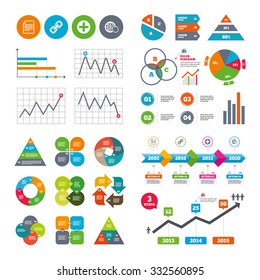 Business data pie charts graphs. Plus add circle and hyperlink chain icons. Document file and globe with hand pointer sign symbols. Market report presentation. Vector