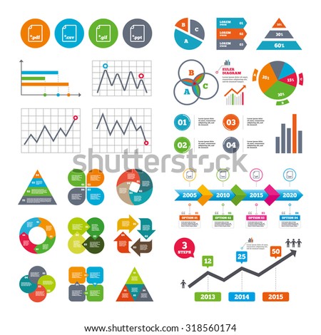 Business data pie charts graphs. Download document icons. File extensions symbols. PDF, GIF, CSV and PPT presentation signs. Market report presentation. Vector