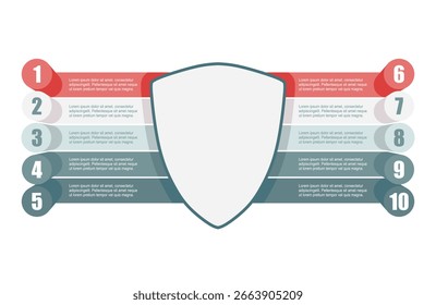 Apresentação dos dados comerciais. Espaço de cópia em forma de escudo com 10 etapas, opções, peças ou processos. Modelo de negócios para apresentação. Conceito infográfico