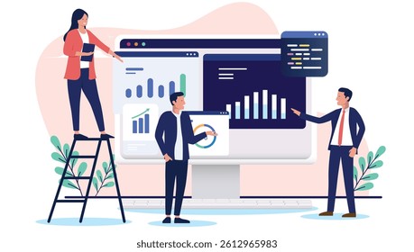 Business data processing - Group of businesspeople working and analysing and sorting various digital information charts, graphs and diagrams on computer screen. Flat design vector illustration