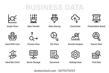 Business Data Professional Line Icon-Sammlung. Modernes, minimales Vektorpaket aus Statistiken, Analysen, Finanzen, Diagrammen, Unternehmen und Investitionen.

