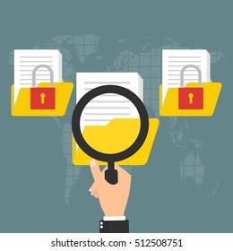 Business data protection analysis. Hand holding magnifying glass for seeing document folder encrypted protected critical important data. Vector illustration business data privacy concept.