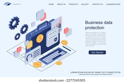 Business data protection, information security, data privacy flat 3d isometric vector concept illustration