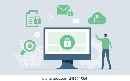 protección de datos empresariales y concepto de ciberseguridad de internet. personas que trabajan con cerraduras de pantalla de monitor de ordenador. diseño de Ilustración vectorial plana