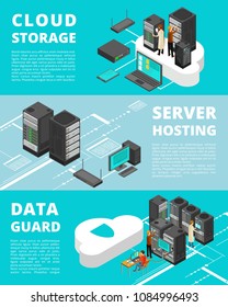 Business data protection. Network equipment and telecommunications. Server database storage, data center vector banners. Data base storage, datacenter and server illustration