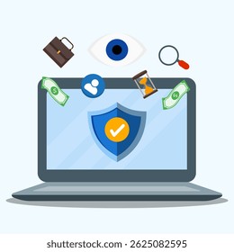 Business data protection on laptop. cyber security for hacker with icon of eye, dollar, magnfying glass, hourglass, briefcase and personal account.