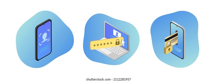Business data protection technology and cloud network security icons set illustration. Contains such Icons as Finger Print, Electronic lock, Facial recognition, Biometric, one-time password.