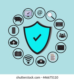 Business data protection technology and cloud network security, icons set vector, blue background