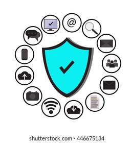 Business data protection technology and cloud network security, icons set vector,blue, 
white background.