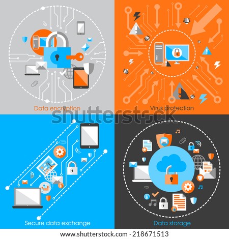 Business data protection technology and cloud network security concept infographic design elements vector illustration