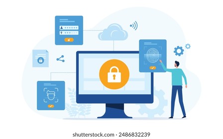 business data protection and technology internet network security design concept. with people login to the computer to Access information.