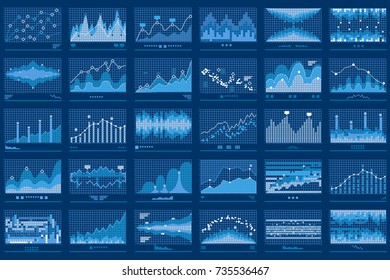 Business data report financial charts. Stock exchange analysis graphics. Growth market trend line vector graphs illustration. Concept of finance information with charts and diagrams.