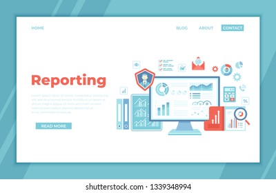 Business Data Reporting, Consulting, Analytics, Credit report, Accounting. Graphs and charts on the monitor screen, documents, folders. landing page template for web. Business banner.  Vector