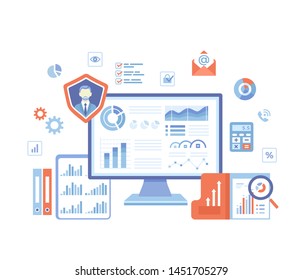 Business Data Reporting, Consulting, Analytics, Credit report, Accounting. Graphs and charts on the monitor screen, documents, folders. Business banner. Vector illustration on white background.