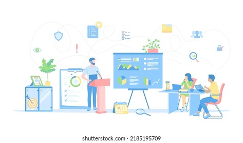 Business data reporting, consulting, analytics, credit report, accounting. Man makes a report in front of a team. Vector illustration flat style.	
