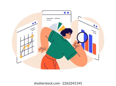 Business data research, analysis concept. Person with magnifying glass analyzing finance and marketing report, financial documents with charts. Flat vector illustration isolated on white background