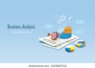 Business data research, marketing analysis, solution report for successful and achievement. 3D diagram graph on business paper report. Vector.