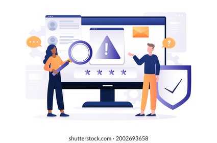 Business Data Security Concept. The characters want to steal the data, but they are securely protected by a password. A man and a woman do not know the appropriate code. Cartoon vector illustration