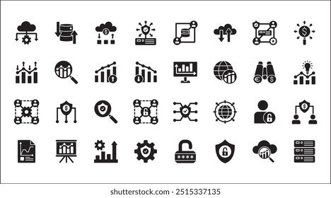 Conjunto de ícones relacionados a dados comerciais, estatísticas e segurança. Contém ícones de gráfico, analítico, banco de dados, proteção, nuvem, computação, pesquisa, autoridade, vendas, mercado. Ilustração de vetor sólido plano.