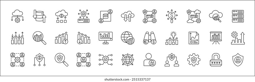 Conjunto de iconos relacionados con datos comerciales, estadísticas y seguridad. Contiene iconos de gráfico, analítico, base de datos, protección, nube, informática, investigación, autoridad, ventas, mercado. Ilustración vectorial de línea delgada.