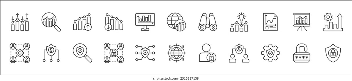 Conjunto de iconos relacionados con datos comerciales, estadísticas y seguridad. Contiene iconos de gráfico, analítico, base de datos, protección, nube, informática, investigación, autoridad, ventas, mercado. Ilustración vectorial de línea delgada.