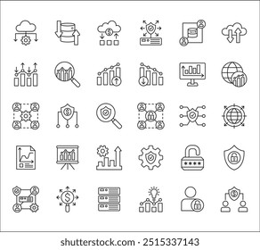 Conjunto de ícones relacionados a dados comerciais, estatísticas e segurança. Contém ícones de gráfico, analítico, banco de dados, proteção, nuvem, computação, pesquisa, autoridade, vendas, mercado. Ilustração de vetor de linha fina.