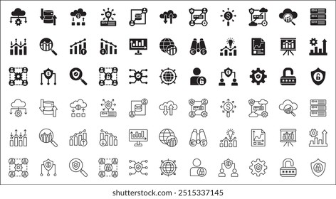 Business data, statistic and security related icon set. Contains icons of chart, analytic, database, protection, cloud, computing, research, authority, market. Thin line flat vector illustration.