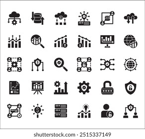 Conjunto de iconos relacionados con datos comerciales, estadísticas y seguridad. Contiene iconos de gráfico, analítico, base de datos, protección, nube, informática, investigación, autoridad, ventas, mercado. Ilustración vectorial sólida plana.