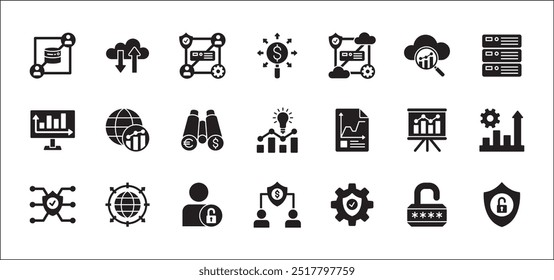 Conjunto de ícones relacionados a dados comerciais, estatísticas e segurança. Contém ícones de gráfico, analítico, banco de dados, proteção, nuvem, computação, pesquisa, autoridade, vendas, mercado. Ilustração de vetor sólido plano.
