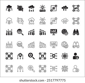 Geschäftsdaten, Statistiken und sicherheitsrelevante Symbolsätze. Enthält Symbole von Chart, Analyse, Datenbank, Schutz, Cloud, Computing, Forschung, Behörde, Markt. Flache Vektorgrafik mit dünner Linie.