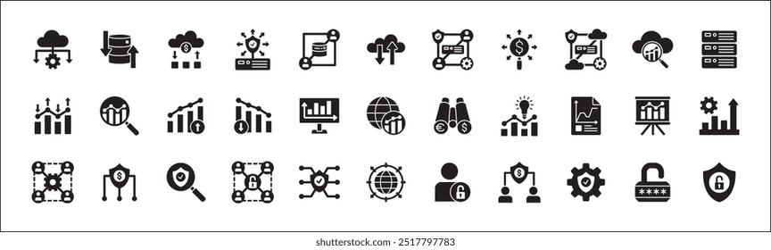 Conjunto de ícones relacionados a dados comerciais, estatísticas e segurança. Contém ícones de gráfico, analítico, banco de dados, proteção, nuvem, computação, pesquisa, autoridade, vendas, mercado. Ilustração de vetor sólido plano.