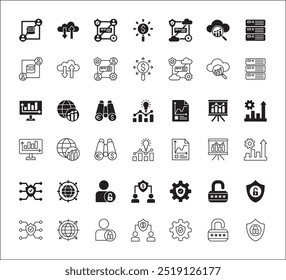Business data, statistic and security related icon set. Contains icons of chart, analytic, database, protection, cloud, computing, research, authority, market. Thin line flat vector illustration.