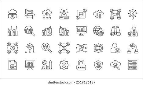 Business data, statistic and security related icon set. Contains icons of chart, analytic, database, protection, cloud, computing, research, authority, sales, market. Thin line vector illustration.