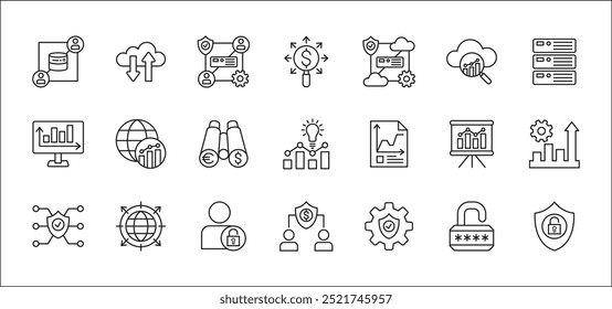 Conjunto de ícones relacionados a dados comerciais, estatísticas e segurança. Contém ícones de gráfico, analítico, banco de dados, proteção, nuvem, computação, pesquisa, autoridade, vendas, mercado. Ilustração de vetor de linha fina.