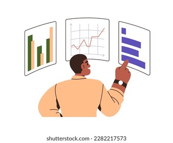 Concepto de análisis de datos y estadísticas empresariales. Información de rendimiento de la empresa con diagramas. Empresario analizando puntos de referencia comparando gráficos. Ilustración vectorial plana aislada en fondo blanco