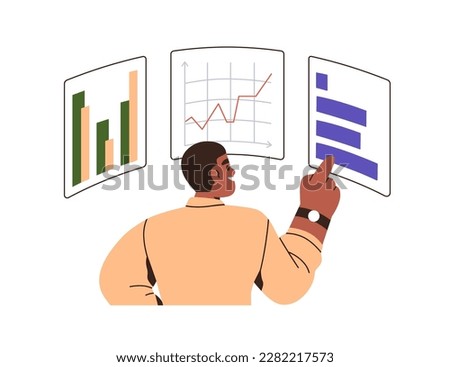 Business data and statistics analysis concept. Company performance information with diagrams. Businessman analyzing benchmark comparing graphs. Flat vector illustration isolated on white background