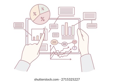Conceito de dados e estatísticas das empresas. Mãos humanas segurando tablet com metadados de estatísticas de desenvolvimento na ilustração do vetor de tela