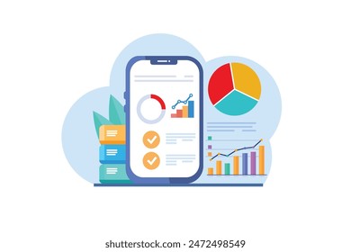 Concepto de datos y estadísticas de negocios con smartphone y gráficos, que ilustran la analítica, ideal para datos financieros, perspectivas de marketing y visualización de datos. Ilustración vectorial gráfica plana