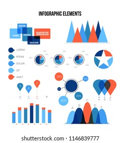 Business Data Visualisation Inforgaphic Elements Vector Set. Blue, Brown, Orange Pie Chart, Circle Diagram, Rating, Target, Flowchart Presentation Information. Data Collection Inforgaphic Elements