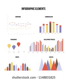Business Data Visualisation Inforgaphic Elements Vector Set. Gray, Brown, Orange Pie Chart, Circle Diagram, Rating, Target, Path, Bar Presentation Information. Clean Big Marketing Inforgaphic Elements
