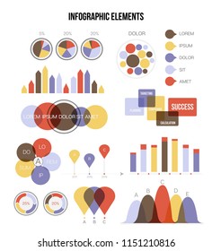 Business Data Visualisation Inforgaphic Elements Vector Set. Gray, Brown, Pie Chart, Group Diagram, Rating, Target, Success, Flowchart Presentation Concept. Big Data Marketing Inforgaphic Elements