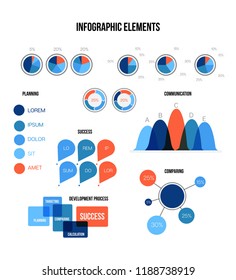 Business Data Visualisation Inforgaphic Elements Vector Set. Blue, Brown, Orange Pie Chart, Circle Diagram, Rating, Target, Flowchart Presentation Information. Simple Marketing Inforgaphic Elements