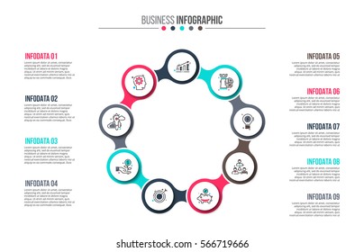 Business data visualization. Abstract elements of cycle diagram with 9 steps, options, parts or processes. Vector business template for presentation. Creative concept for infographic. Process chart.
