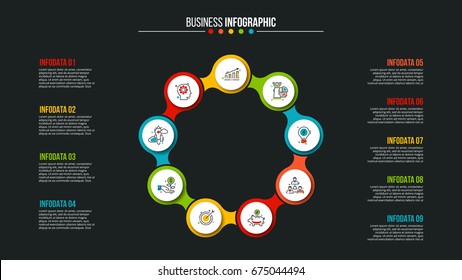 Business data visualization. Abstract elements of cycle diagram with 9 steps, options, parts or processes. Vector business template for presentation. Creative concept for infographic. Process chart.