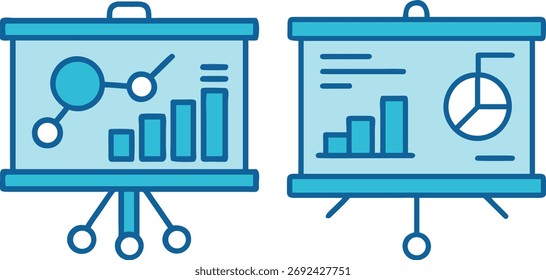 Placas de visualização de dados empresariais com gráficos e gráficos - diagramas de linhas, barras, pizza e nós