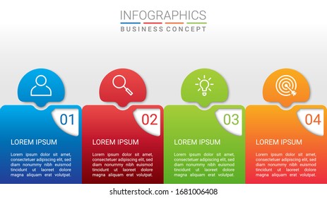 Visualización de datos empresariales, plantilla infográfica con 4 pasos en fondo gris, ilustración vectorial
