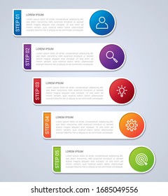 Visualización de datos empresariales, plantilla infográfica con 5 pasos en fondo gris, ilustración vectorial
