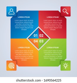 Visualización de datos empresariales, plantilla infográfica con 4 pasos en fondo gris, ilustración vectorial